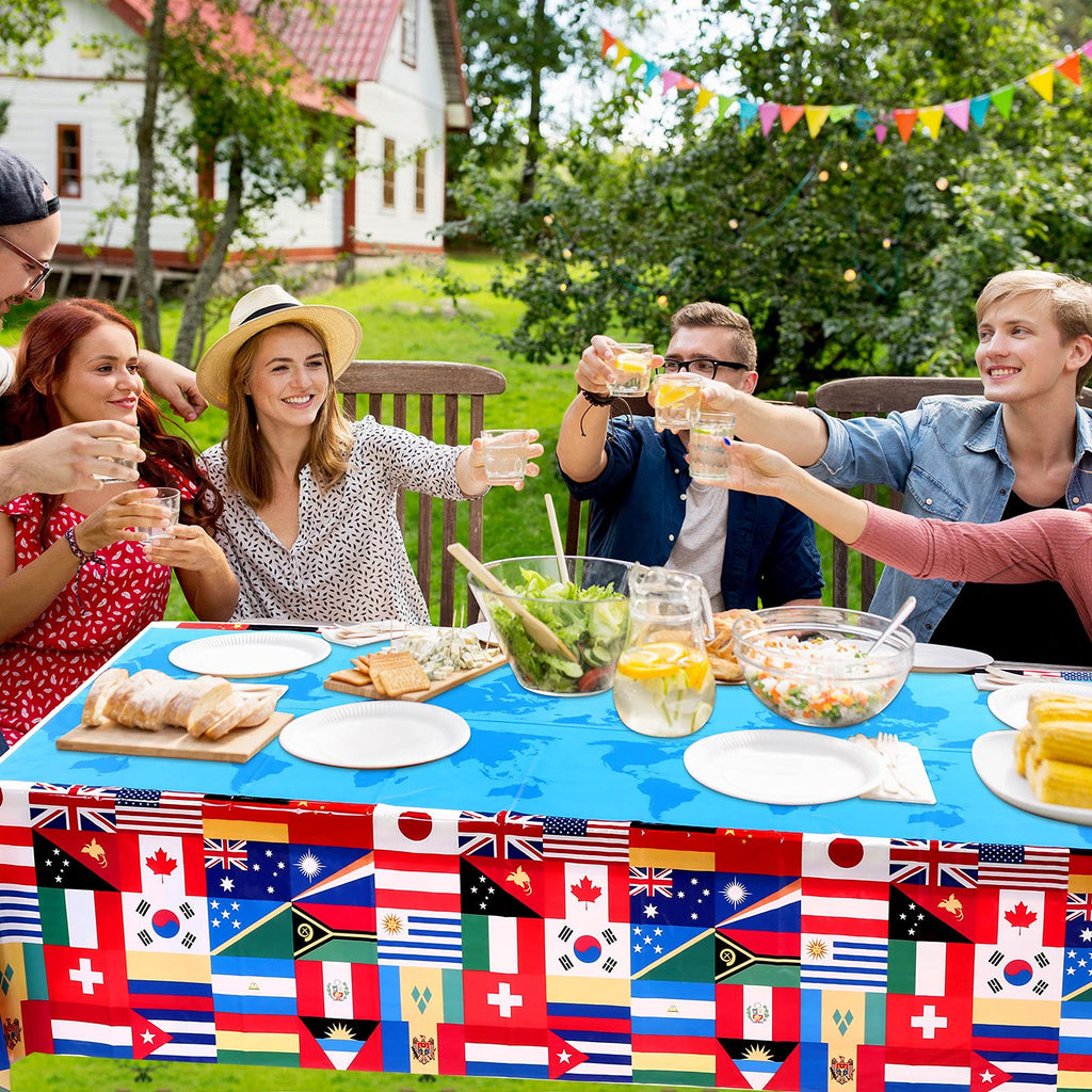 FuWeave 3-Pack International Flag Plastic Tablecloth – 108 x 54 Inch World Country Flags Theme Party Decor