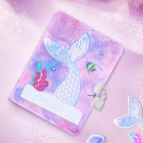 Fuzzy Mermaid Diary with Lock for Girls Ages 4-12 - 160 Pages A5 Fluffy Journal