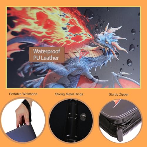 fweel Dragon Trading Card Binder - 4-Pocket Zipper Album Holds 400 Cards, Blue Dragon Design, PU Leather