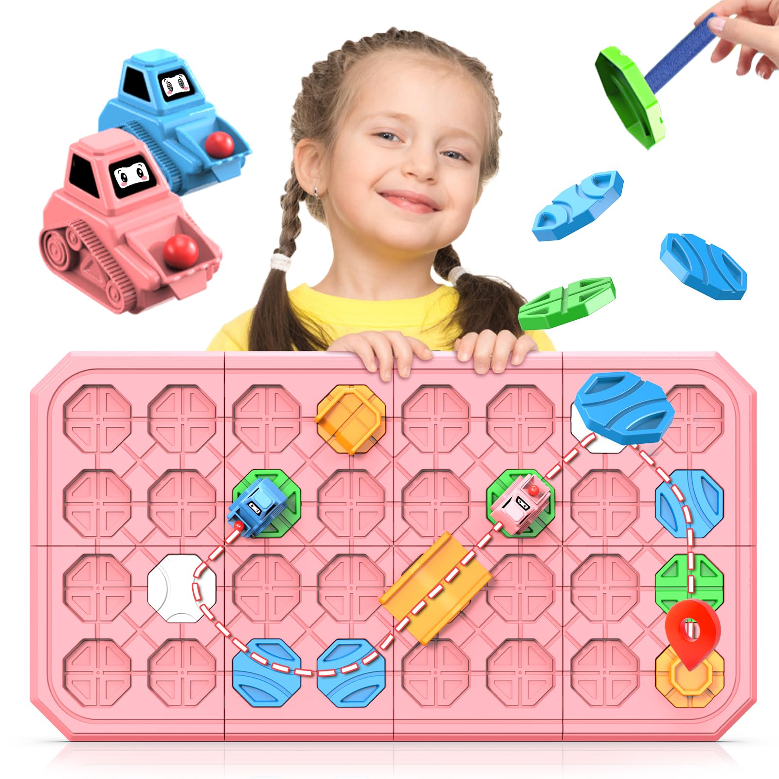 fygurso Pink 32-Piece Logic Road Builder: STEM Toy for Kids Ages 3-8 with 180+ Challenges