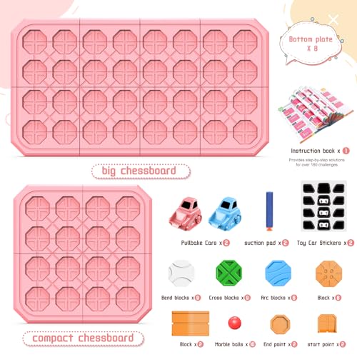 fygurso Pink 32-Piece Logic Road Builder: STEM Toy for Kids Ages 3-8 with 180+ Challenges