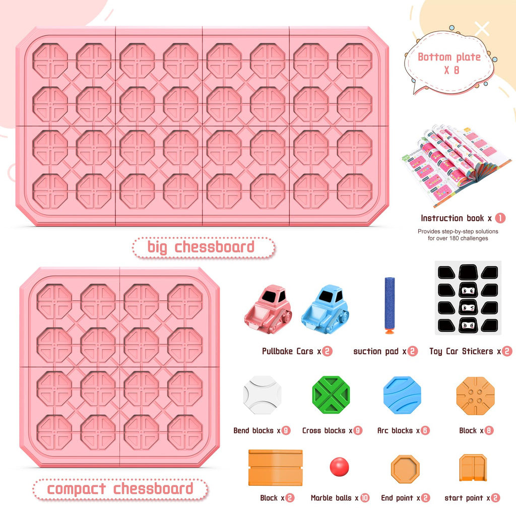 fygurso Pink 32-Piece Logic Road Builder: STEM Toy for Kids Ages 3-8 with 180+ Challenges