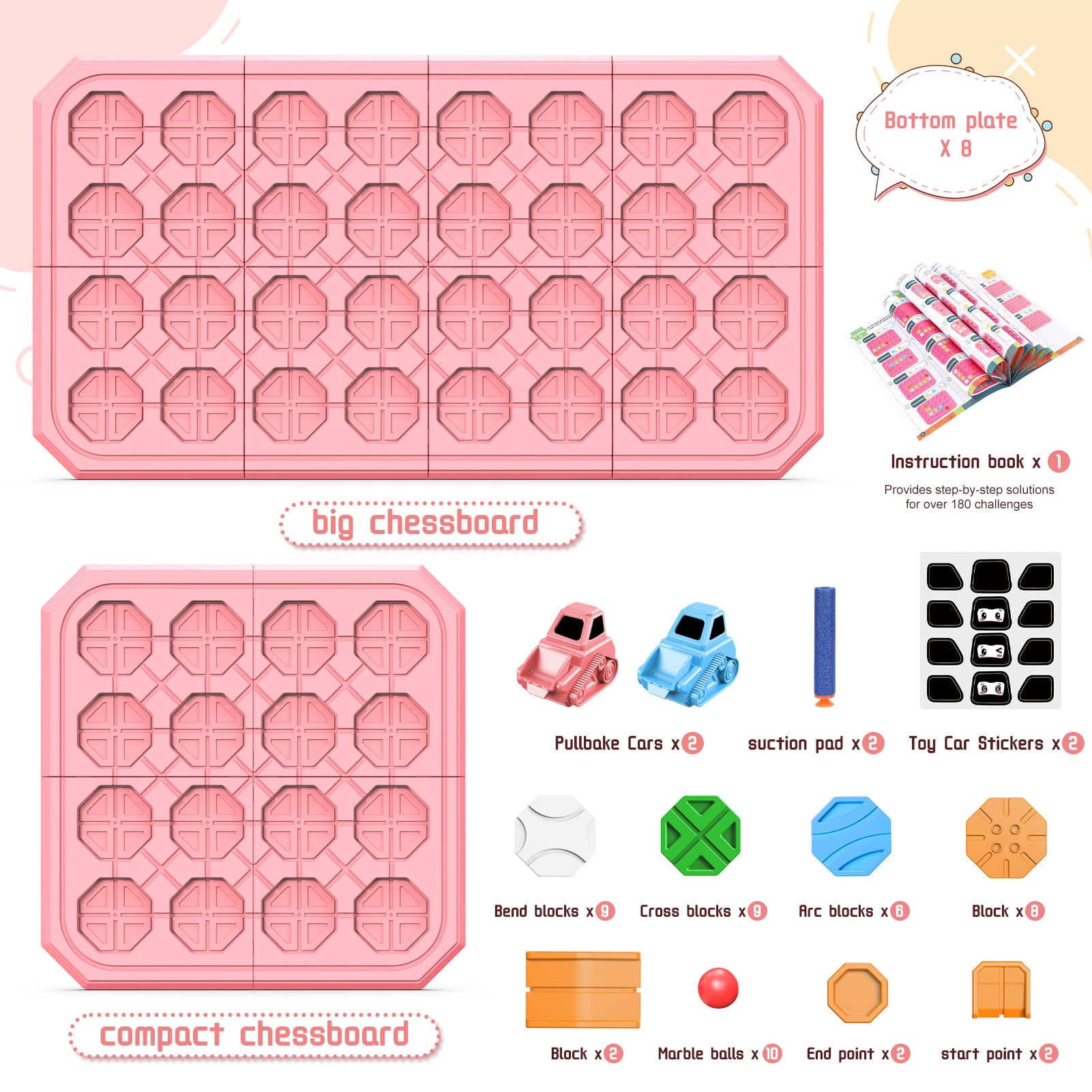 fygurso Pink 32-Piece Logic Road Builder: STEM Toy for Kids Ages 3-8 with 180+ Challenges