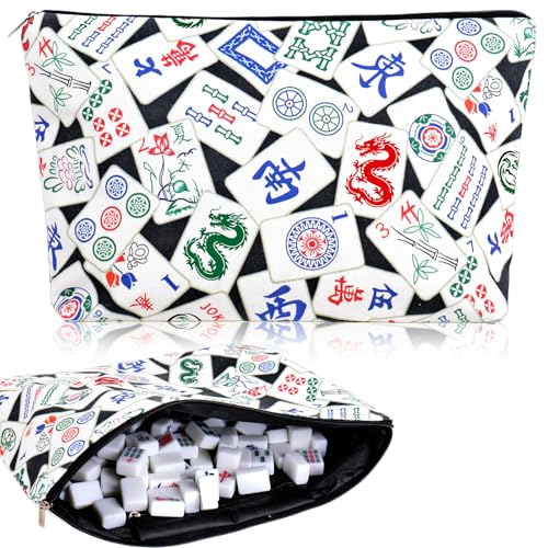 FYSUIMU Empty Mahjong Tile Bag – Black Printed Zipper Case for Tile Storage, Travel, and Parties
