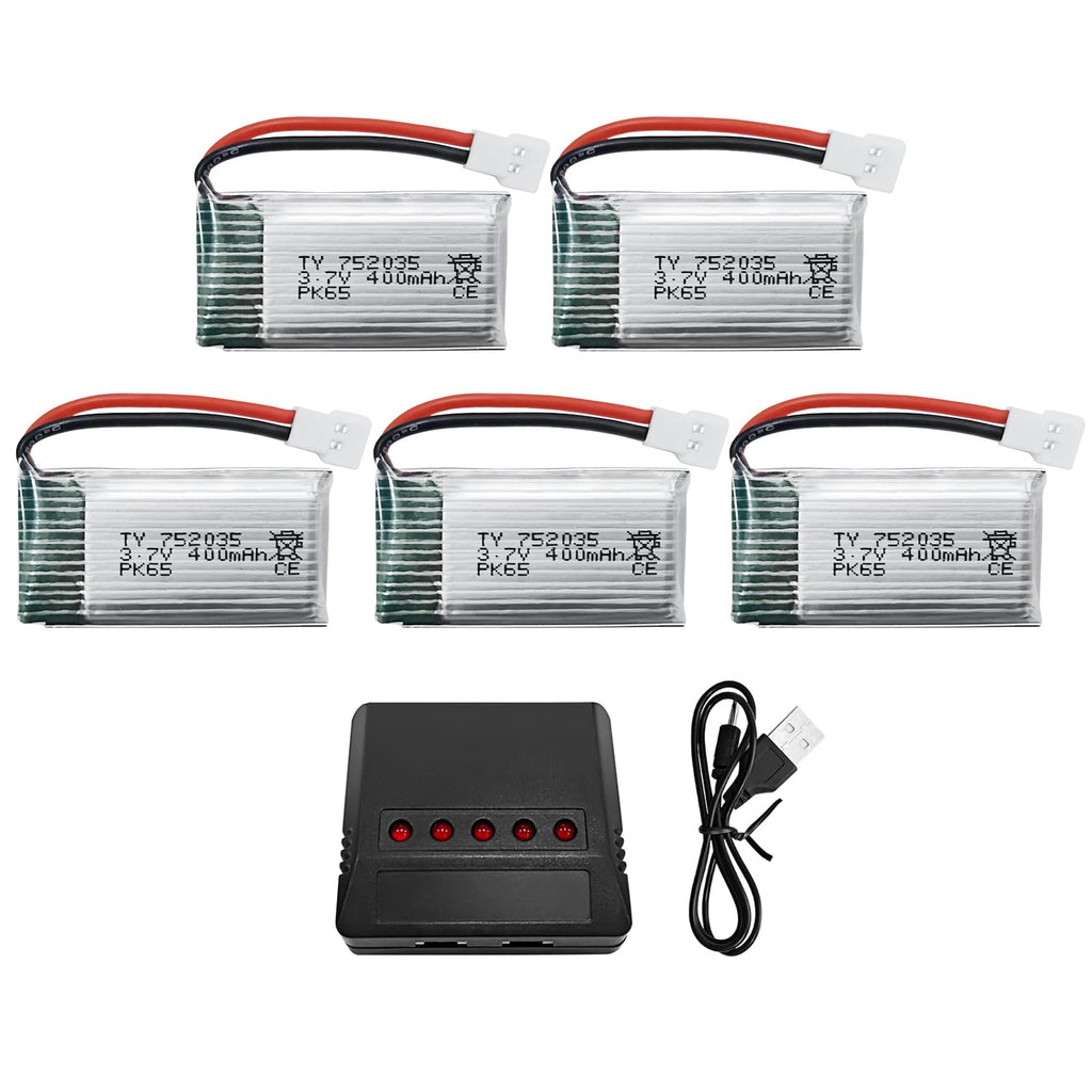 Fytoo 5-Pack 3.7V 400mAh Drone Battery with 5-in-1 Charger for SYMA Q11, H99W, H31, and More (Black)