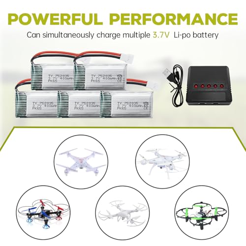 Fytoo 5-Pack 3.7V 400mAh Drone Battery with 5-in-1 Charger for SYMA Q11, H99W, H31, and More (Black)