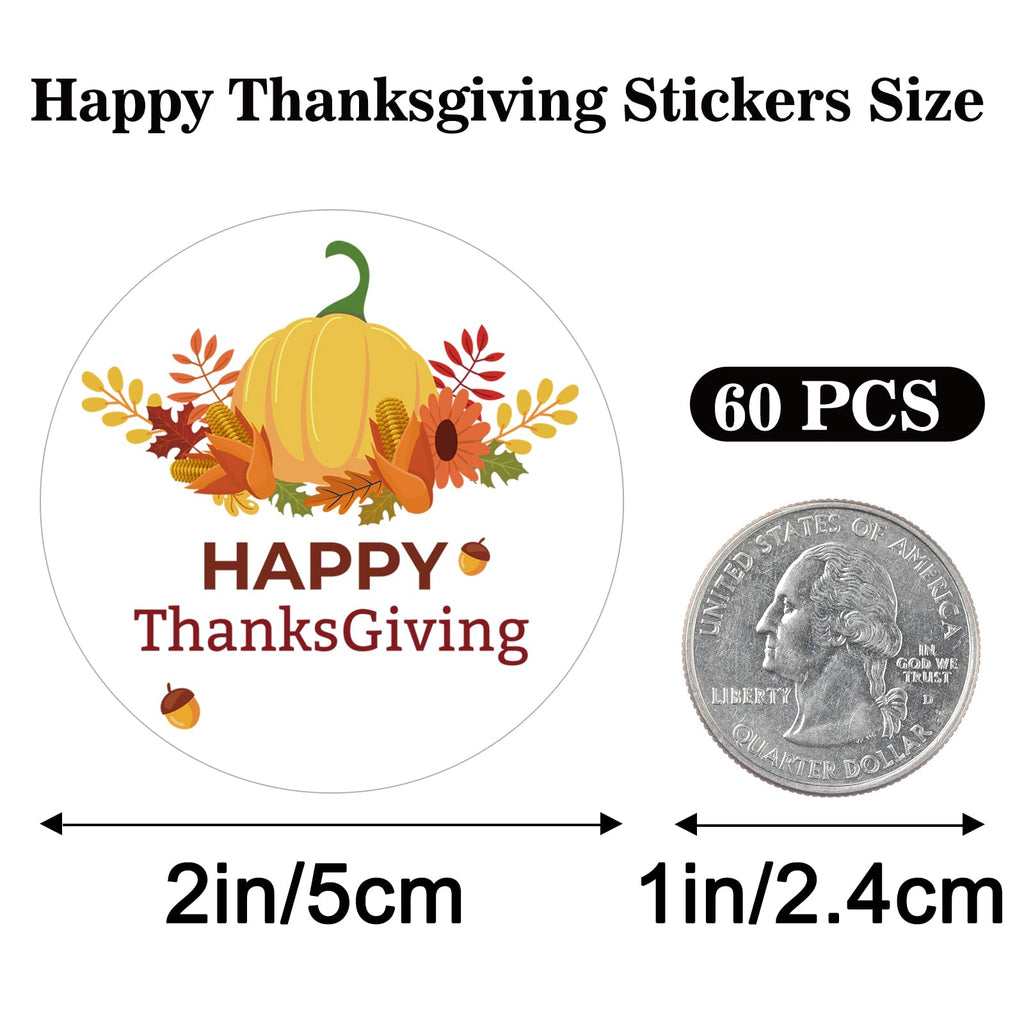 G2PLUS Happy Thanksgiving Stickers 60PCS - 2 Inch Round Fall Pumpkin Envelope Seals for Gifts