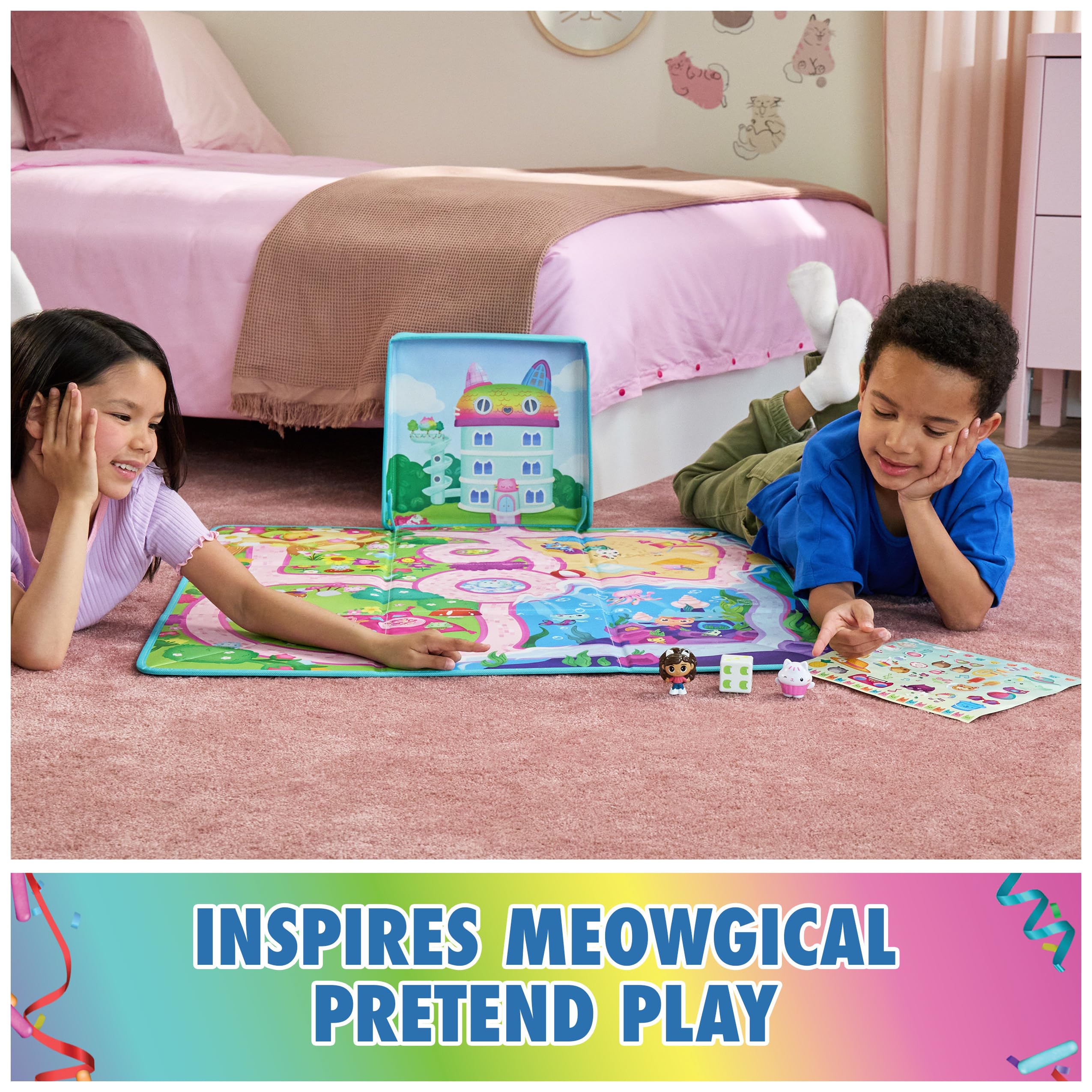 Gabby's Dollhouse Gabby Cat Playmat – 2-Foot Wide Mat with Gabby Girl & Cakey Cat Figures, Dice, and Board Game