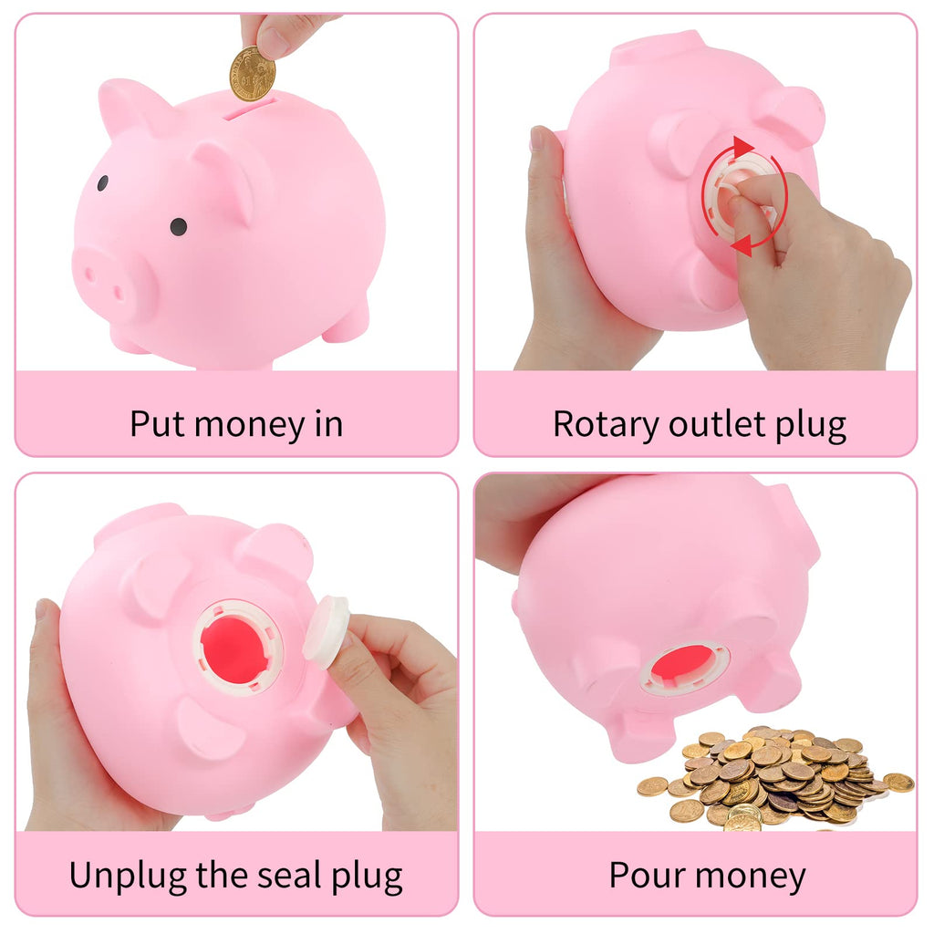 GADIEDIE 2-Pack Large Pink Piggy Bank for Kids - Unbreakable Plastic Coin Bank with Bottom Plug