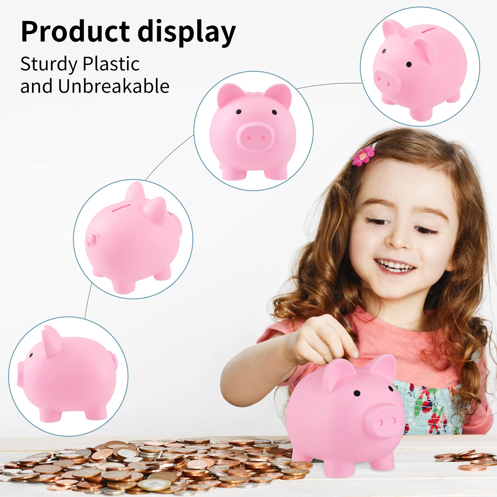 GADIEDIE 2-Pack Large Pink Piggy Bank for Kids - Unbreakable Plastic Coin Bank with Bottom Plug