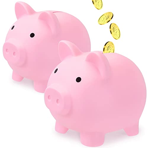 GADIEDIE 2-Pack Large Pink Piggy Bank for Kids - Unbreakable Plastic Coin Bank with Bottom Plug
