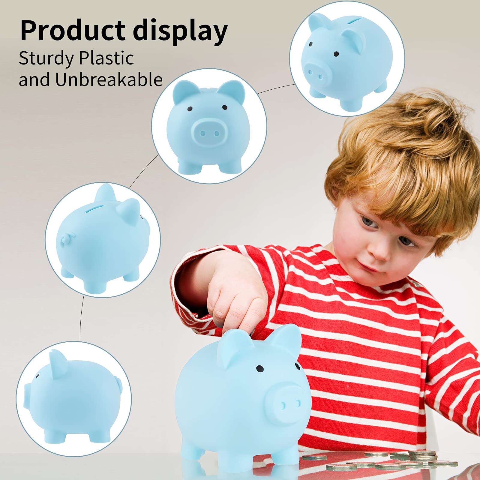 GADIEDIE 2-Pack Unbreakable Piggy Banks for Kids - Pink & Blue Plastic Coin Saver