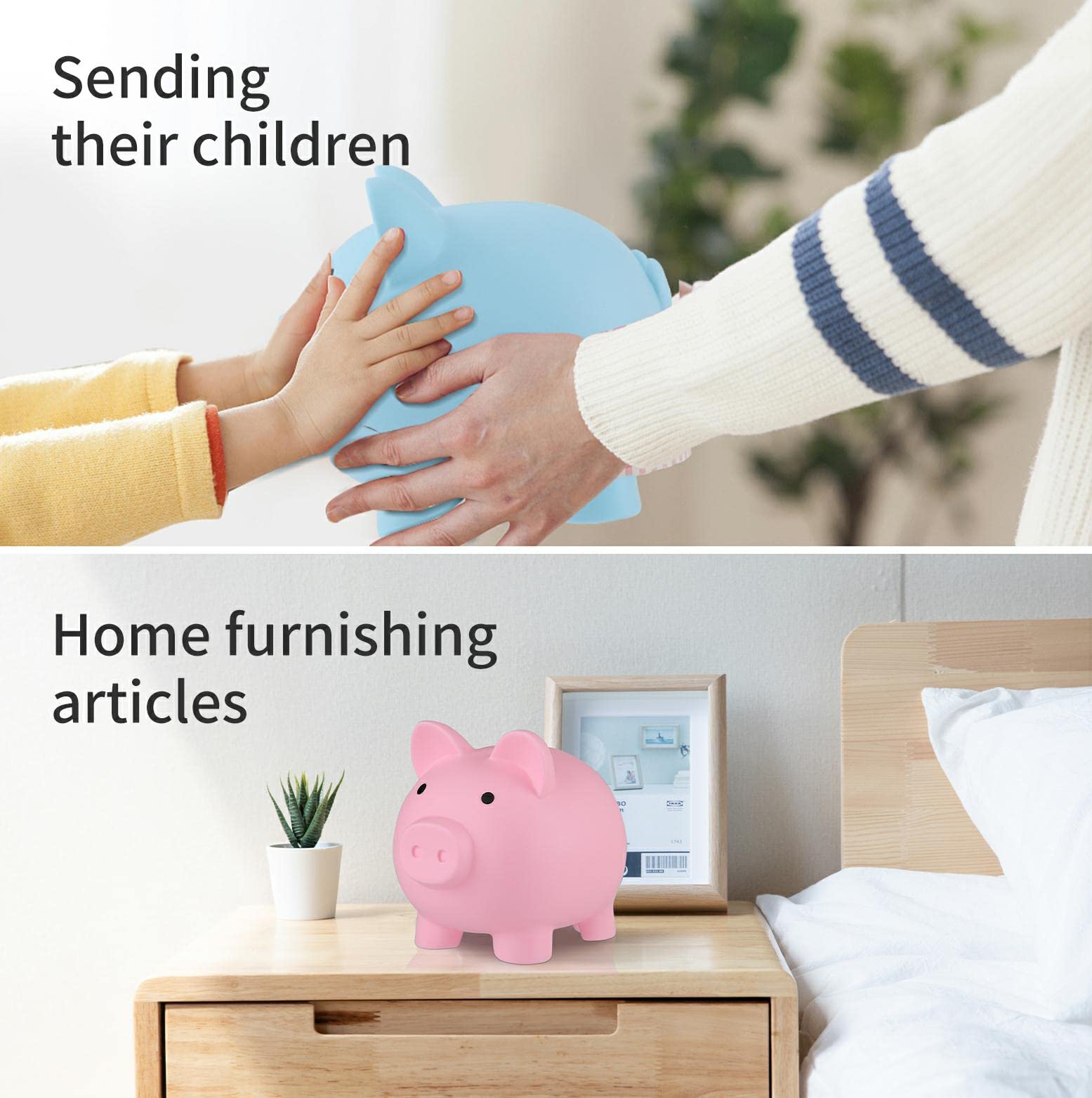 GADIEDIE 2-Pack Unbreakable Piggy Banks for Kids - Pink & Blue Plastic Coin Saver