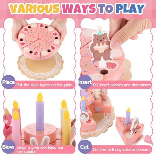 GAGAKU Wooden Birthday Cake Toy – 3-Tier Pretend Play Set for Toddlers