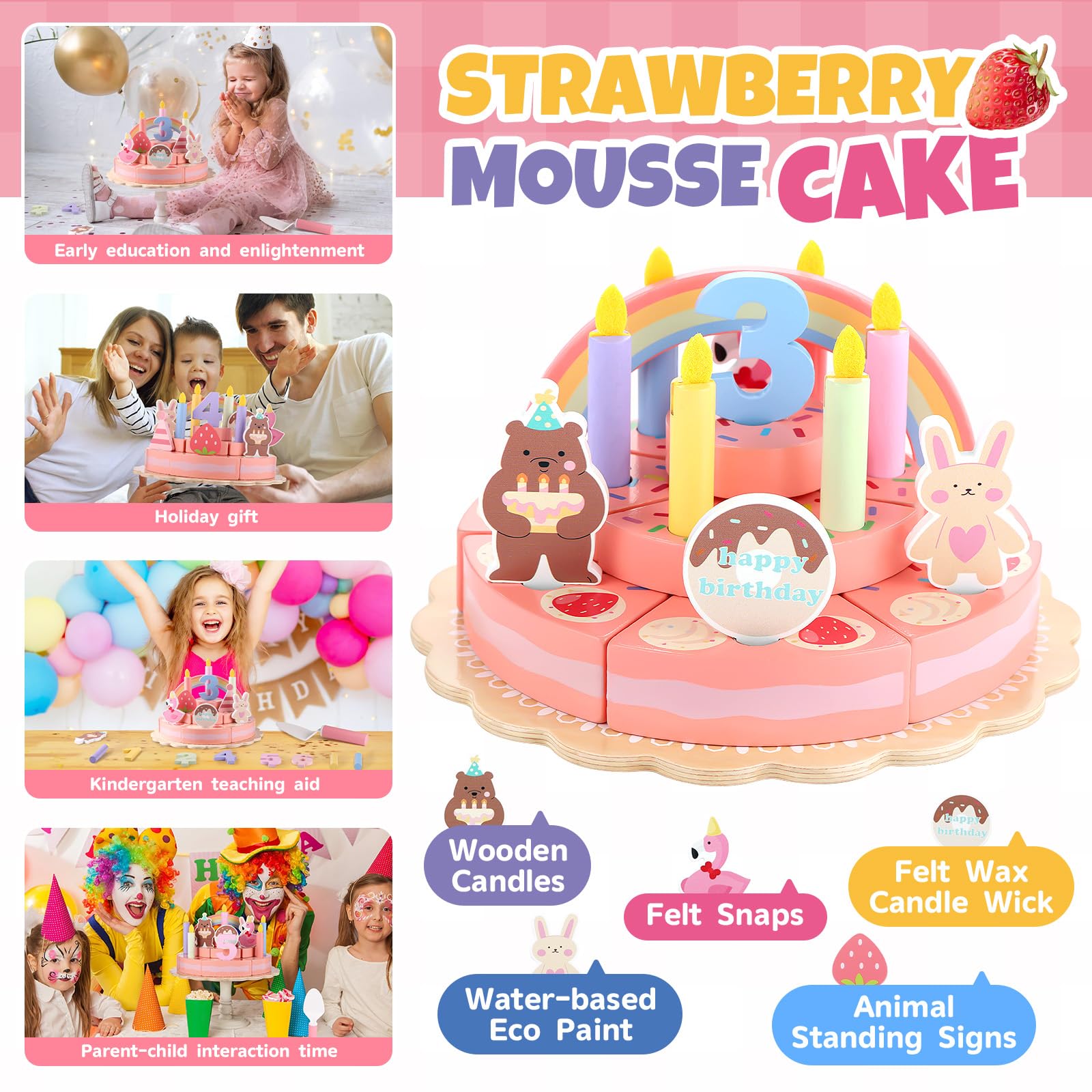 GAGAKU Wooden Birthday Cake Toy – 3-Tier Pretend Play Set for Toddlers