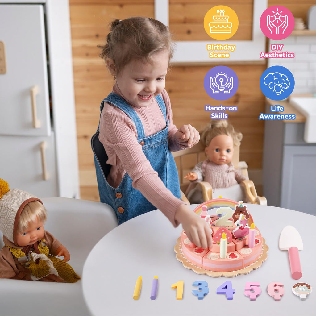GAGAKU Wooden Birthday Cake Toy – 3-Tier Pretend Play Set for Toddlers