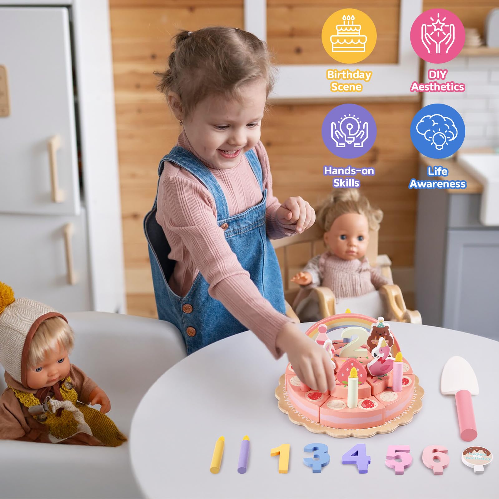 GAGAKU Wooden Birthday Cake Toy – 3-Tier Pretend Play Set for Toddlers