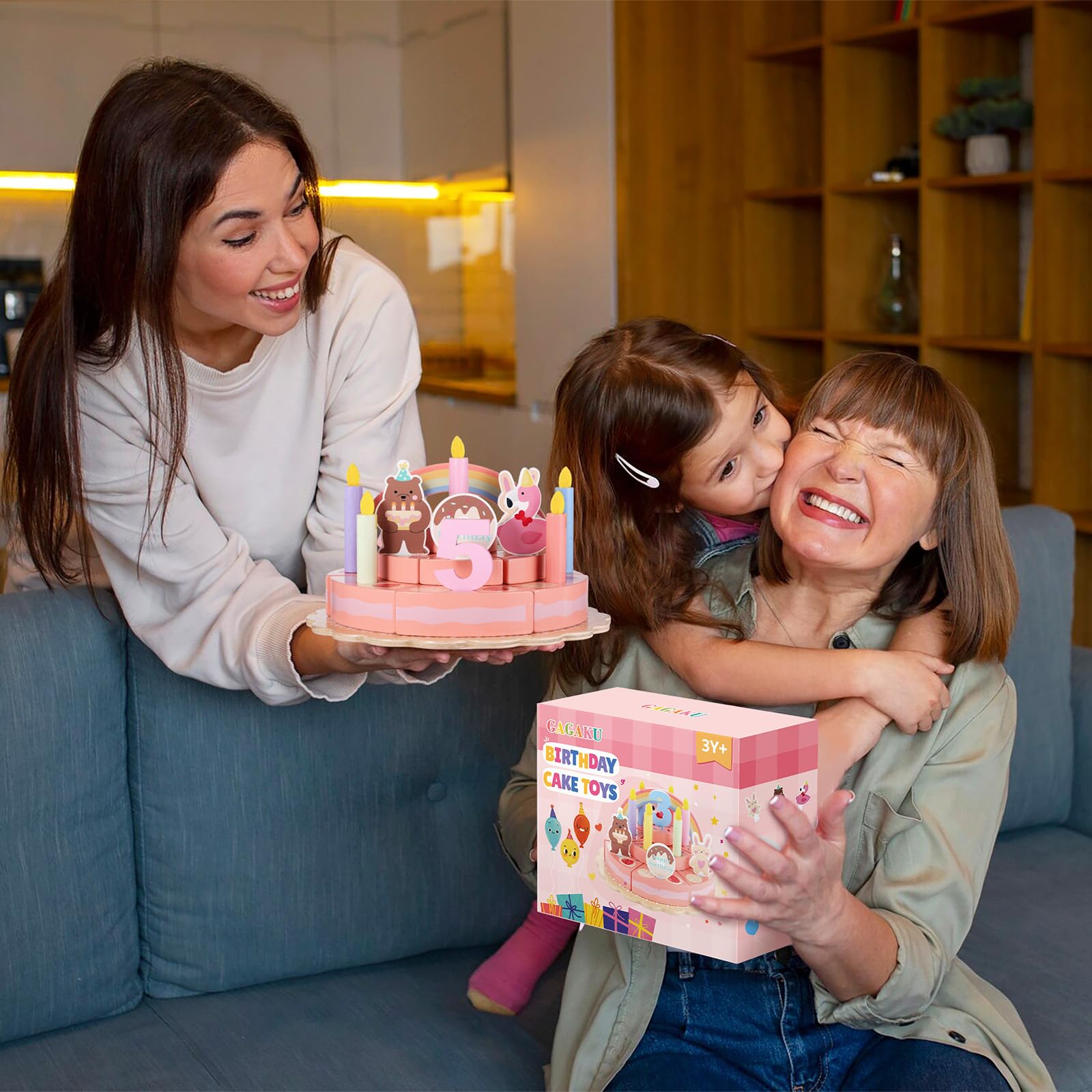 GAGAKU Wooden Birthday Cake Toy – 3-Tier Pretend Play Set for Toddlers