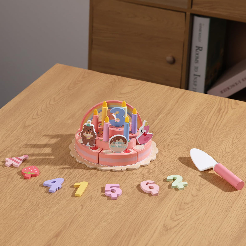 GAGAKU Wooden Birthday Cake Toy – 3-Tier Pretend Play Set for Toddlers