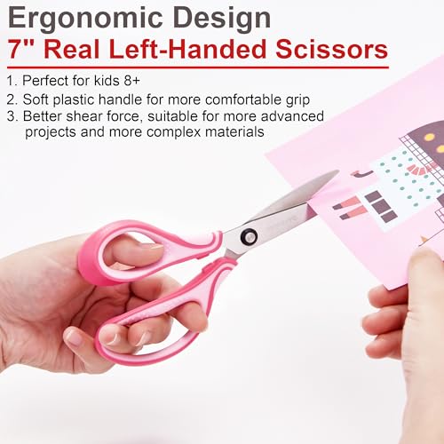 GAIFONGRE 7-Inch Left-Handed Scissors 3-Pack for Kids Ages 8-16 – Pointed Tip Stainless Steel with Soft Grip