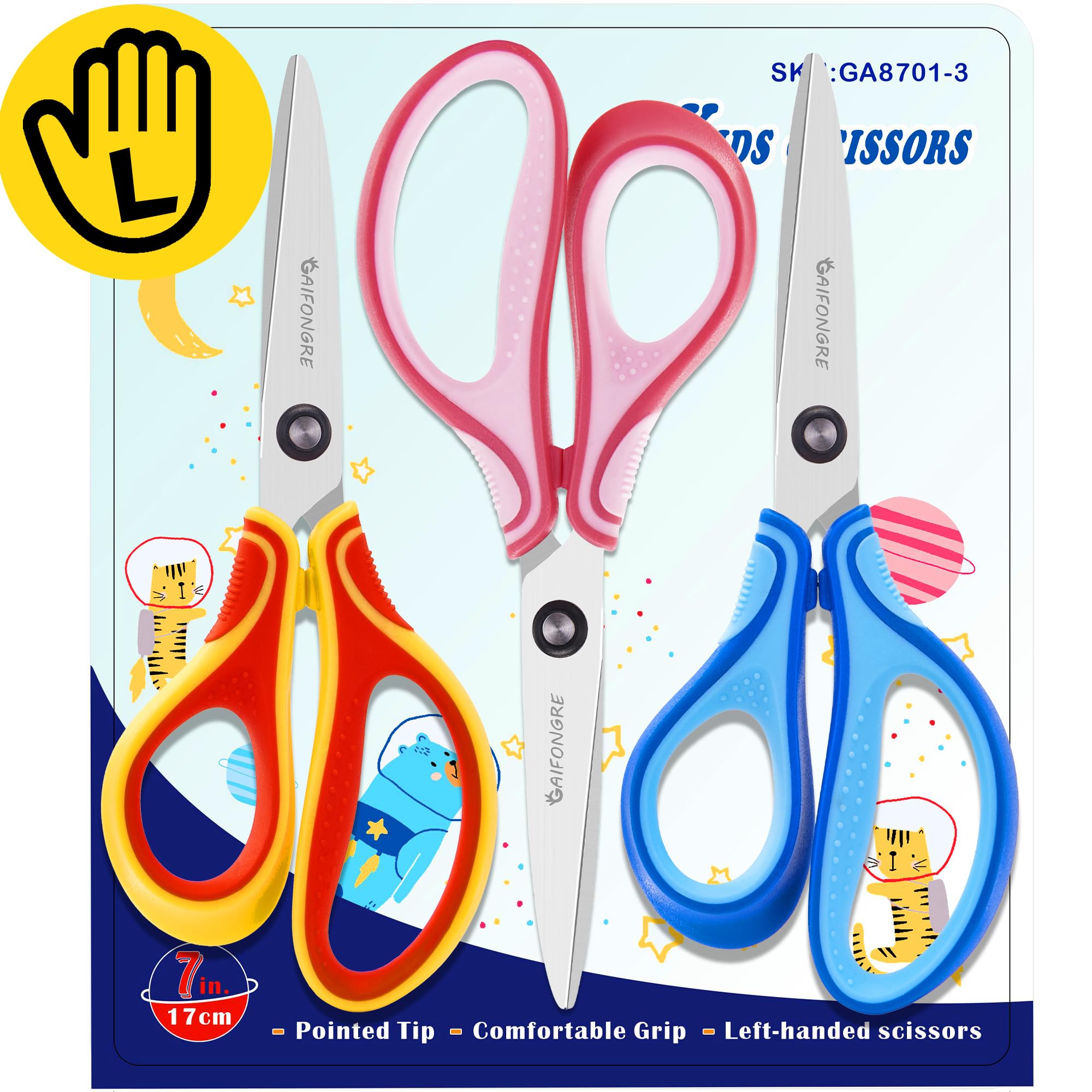 GAIFONGRE 7-Inch Left-Handed Scissors 3-Pack for Kids Ages 8-16 – Pointed Tip Stainless Steel with Soft Grip