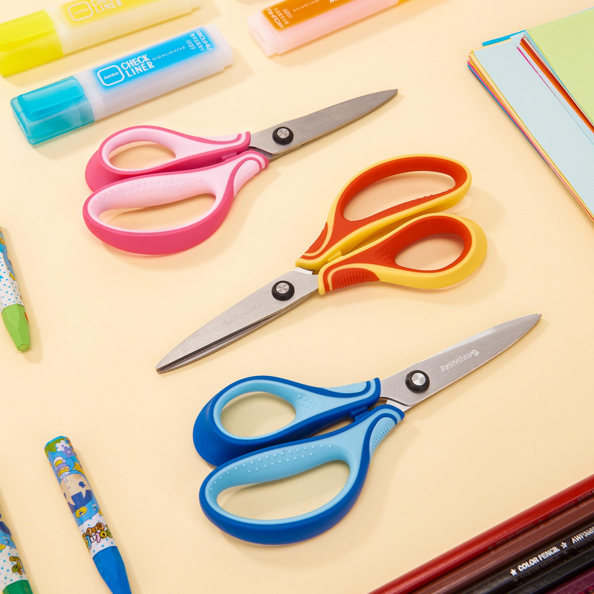 GAIFONGRE 7-Inch Left-Handed Scissors 3-Pack for Kids Ages 8-16 – Pointed Tip Stainless Steel with Soft Grip