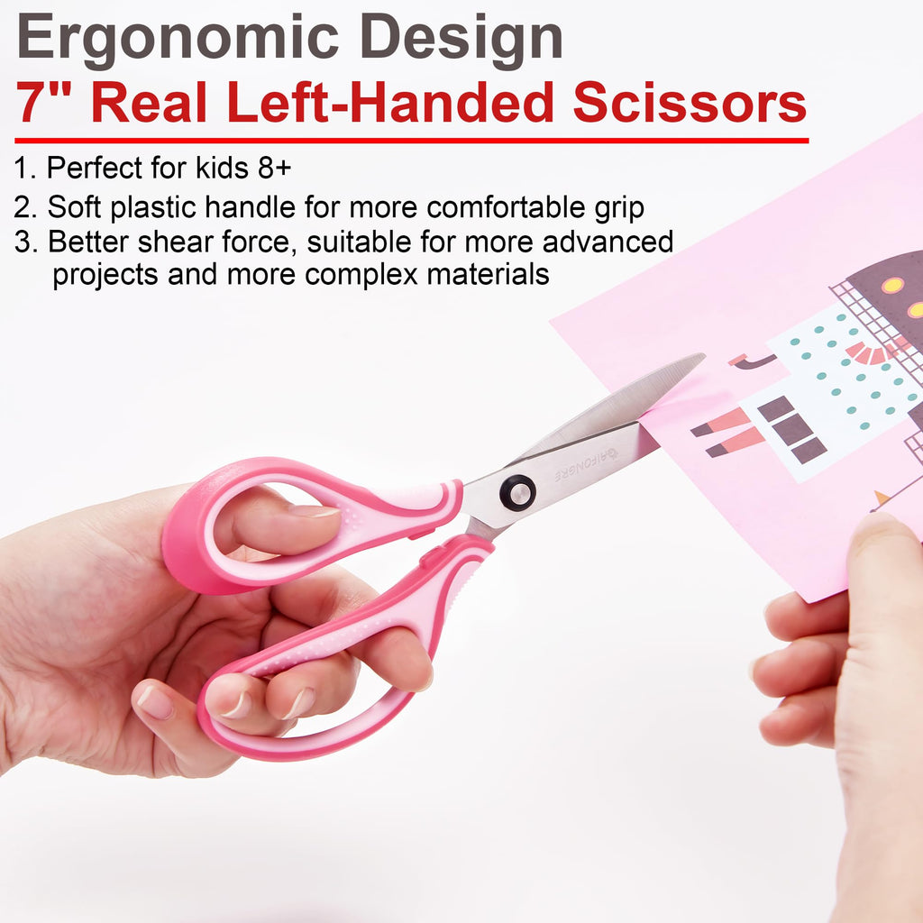 GAIFONGRE 7-Inch Left-Handed Scissors 3-Pack for Kids Ages 8-16 – Pointed Tip Stainless Steel with Soft Grip