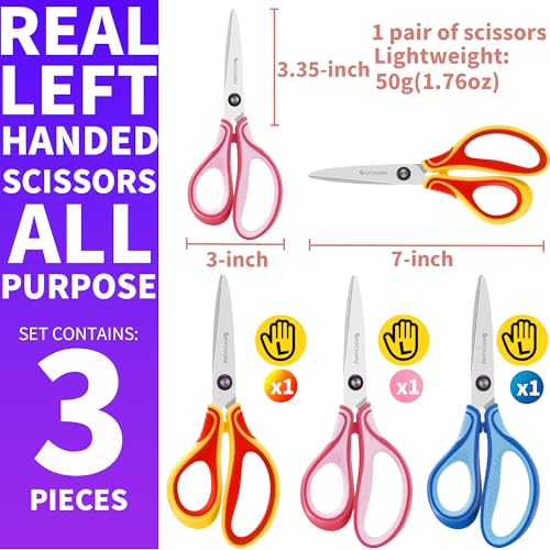 GAIFONGRE 7-Inch Left-Handed Scissors 3-Pack for Kids Ages 8-16 – Pointed Tip Stainless Steel with Soft Grip