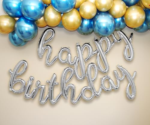 Gala Supplies Silver Foil Happy Birthday Banner – 15-Piece Cursive Letter Set