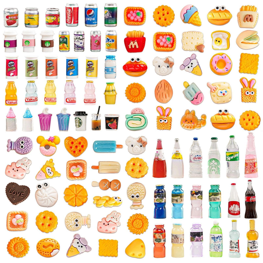 GALAOMA 100-Piece Miniature Food and Drink Set for 1/12 Dollhouse - Resin Soda Cans, Cakes, Ice Cream, and More