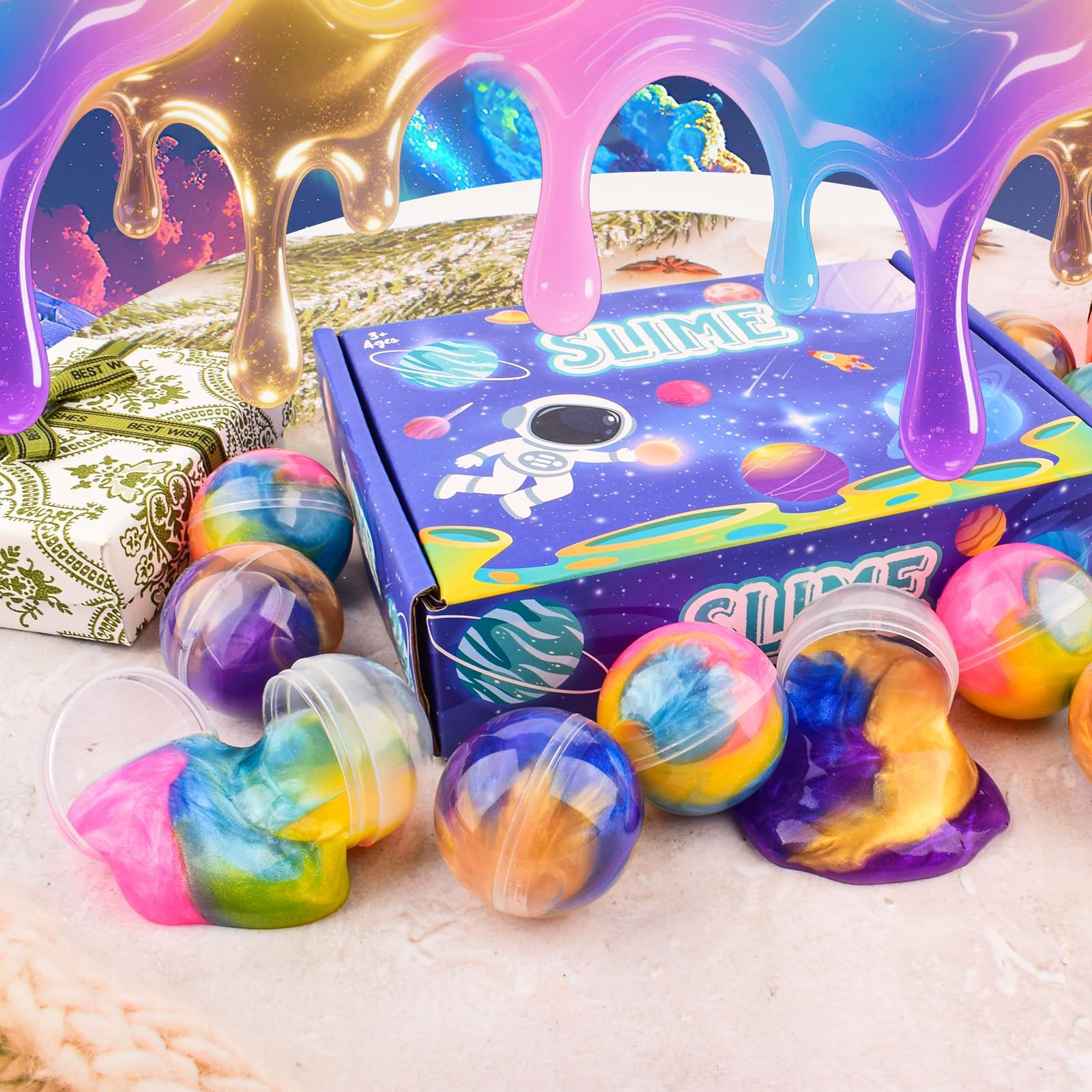 Galaxy Slime Balls 12 Pack – Non-Sticky Soft Slime Kit for Party Favors, Classroom Prizes, Stocking Stuffers by WUJYLY