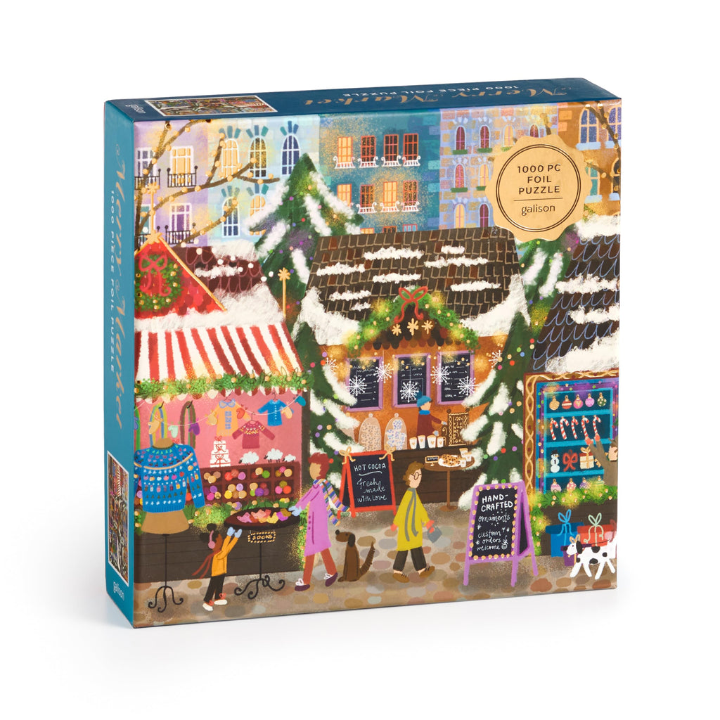 Galison Merry Market 1000 Piece Foil Jigsaw Puzzle – Winter Holiday Scene with Gold Accents