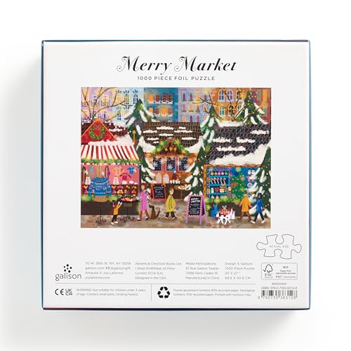 Galison Merry Market 1000 Piece Foil Jigsaw Puzzle – Winter Holiday Scene with Gold Accents