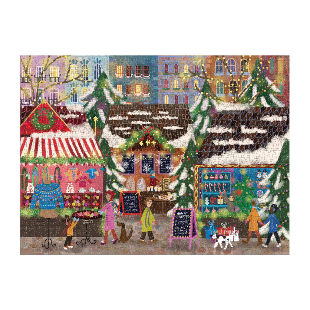 Galison Merry Market 1000 Piece Foil Jigsaw Puzzle – Winter Holiday Scene with Gold Accents