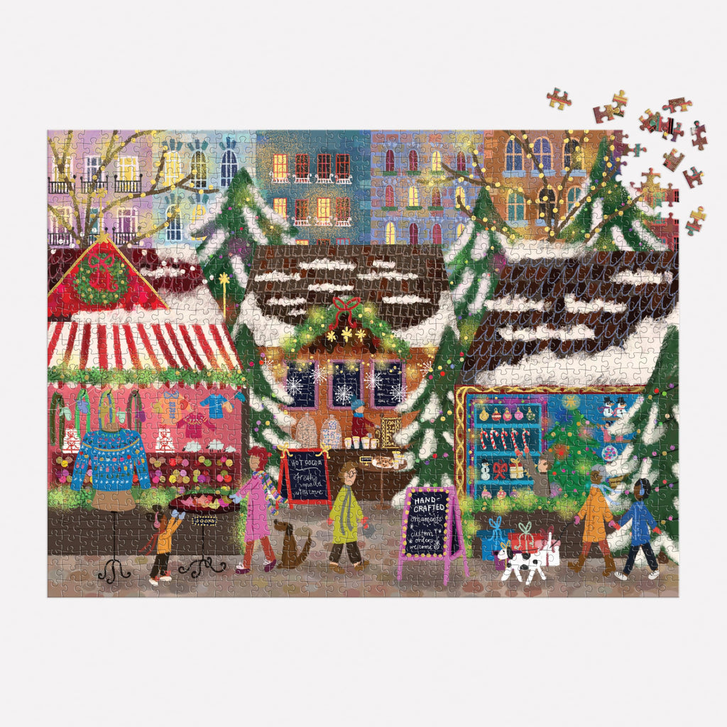 Galison Merry Market 1000 Piece Foil Jigsaw Puzzle – Winter Holiday Scene with Gold Accents