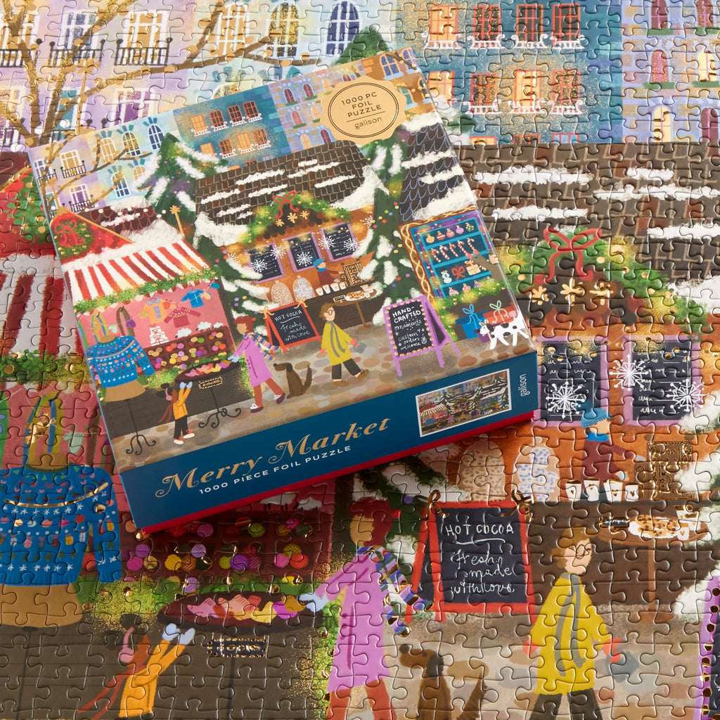 Galison Merry Market 1000 Piece Foil Jigsaw Puzzle – Winter Holiday Scene with Gold Accents