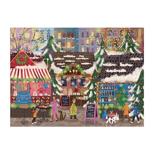 Galison Merry Market 1000 Piece Foil Jigsaw Puzzle – Winter Holiday Scene with Gold Accents