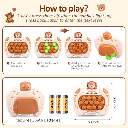 GAPER GO Brown Bear Fast Push Pop Fidget Toy – Handheld Light-Up Game for Kids Ages 3-12
