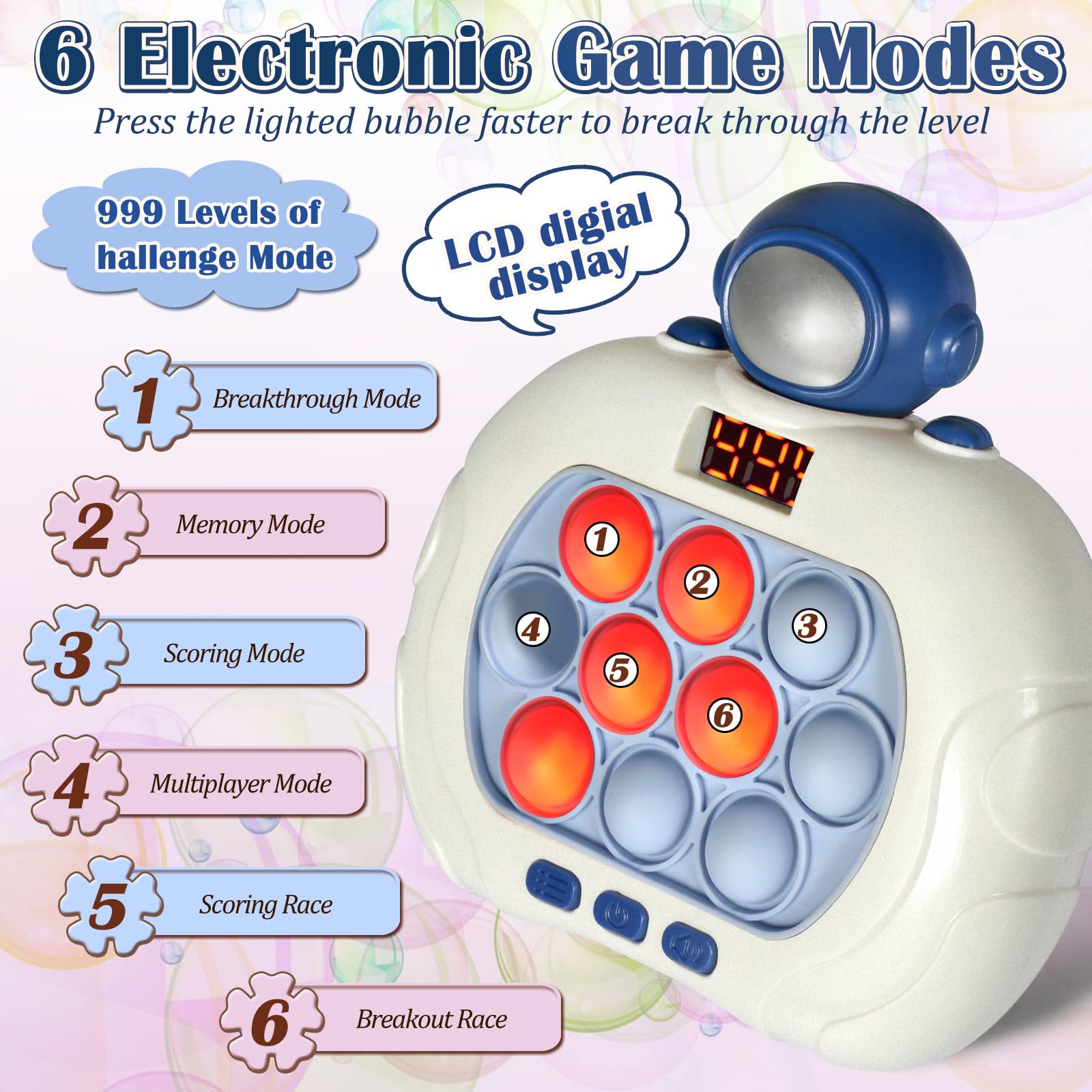 GAPER GO Pop Game Light Up Fidget Toy – Handheld Puzzle for Kids 3-12, Astronaut Design