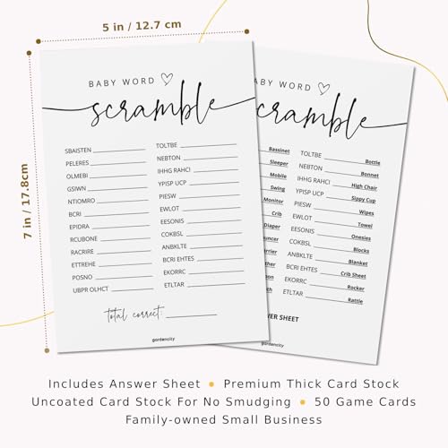 GardenCity 50 Baby Shower Word Scramble Game Cards – Gender Neutral Party Activity