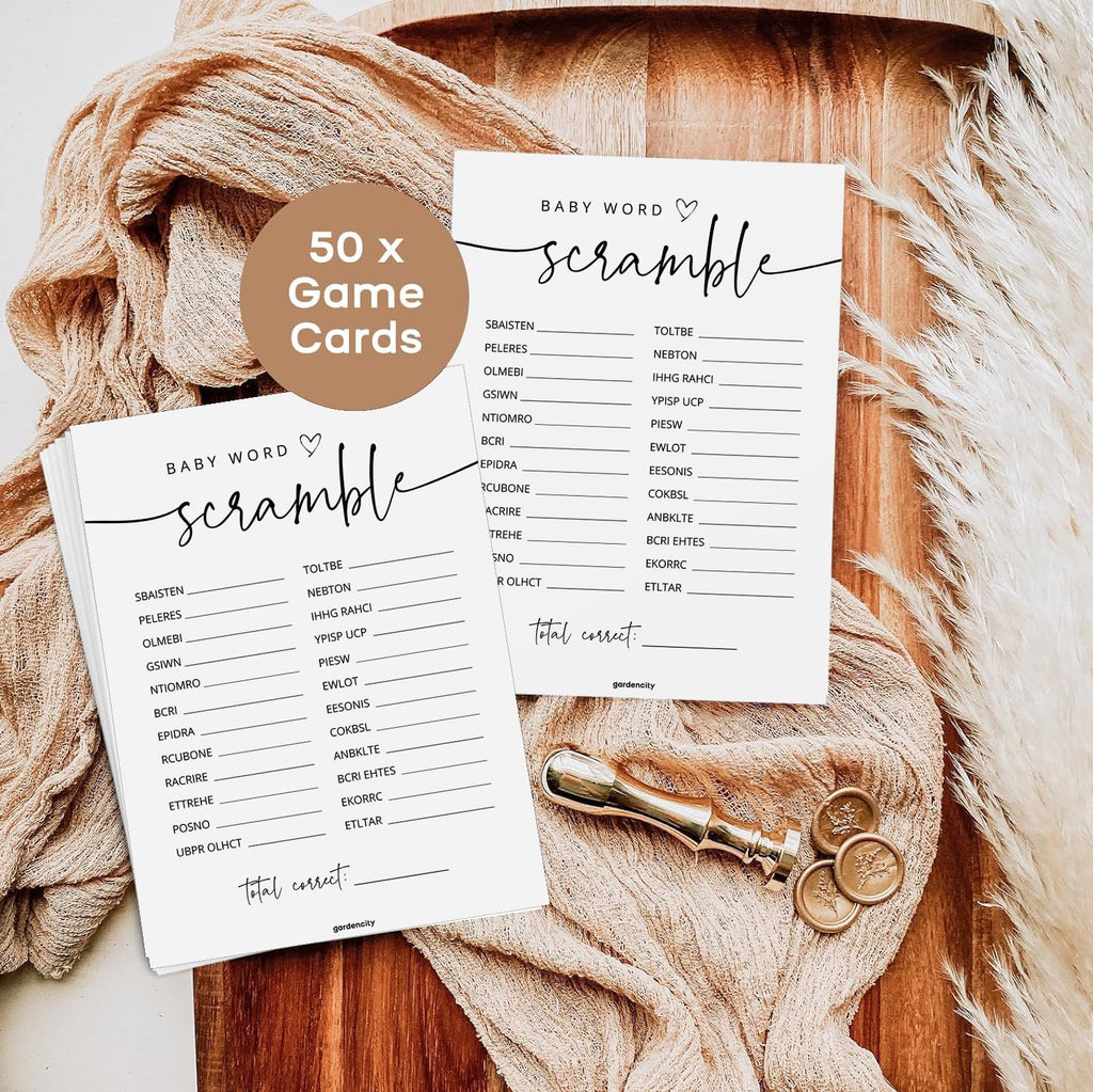 GardenCity 50 Baby Shower Word Scramble Game Cards – Gender Neutral Party Activity