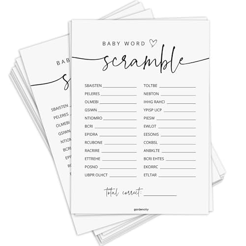 GardenCity 50 Baby Shower Word Scramble Game Cards – Gender Neutral Party Activity
