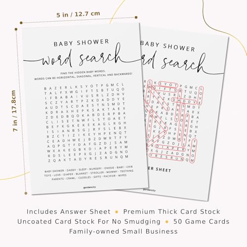 GardenCity 50 Baby Shower Word Search Game Cards – Gender Neutral, Minimalist, 5x7 Inches