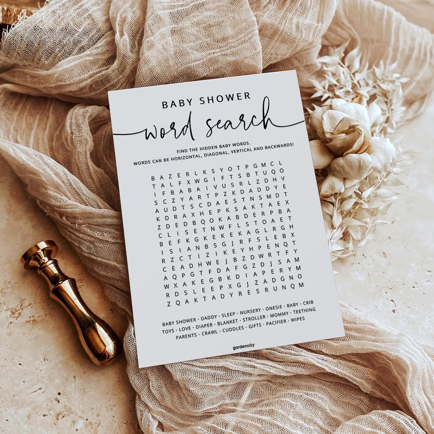 GardenCity 50 Baby Shower Word Search Game Cards – Gender Neutral, Minimalist, 5x7 Inches