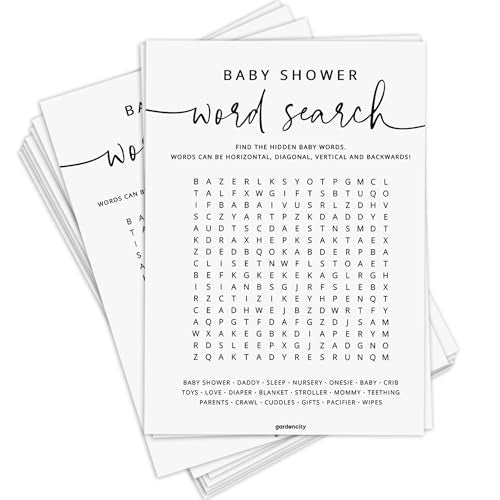 GardenCity 50 Baby Shower Word Search Game Cards – Gender Neutral, Minimalist, 5x7 Inches