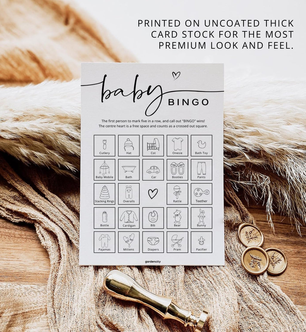 GardenCity Baby Shower Bingo – 50 Unique Pre-Filled Cards, Pink Minimalist Design, Two Ways to Play