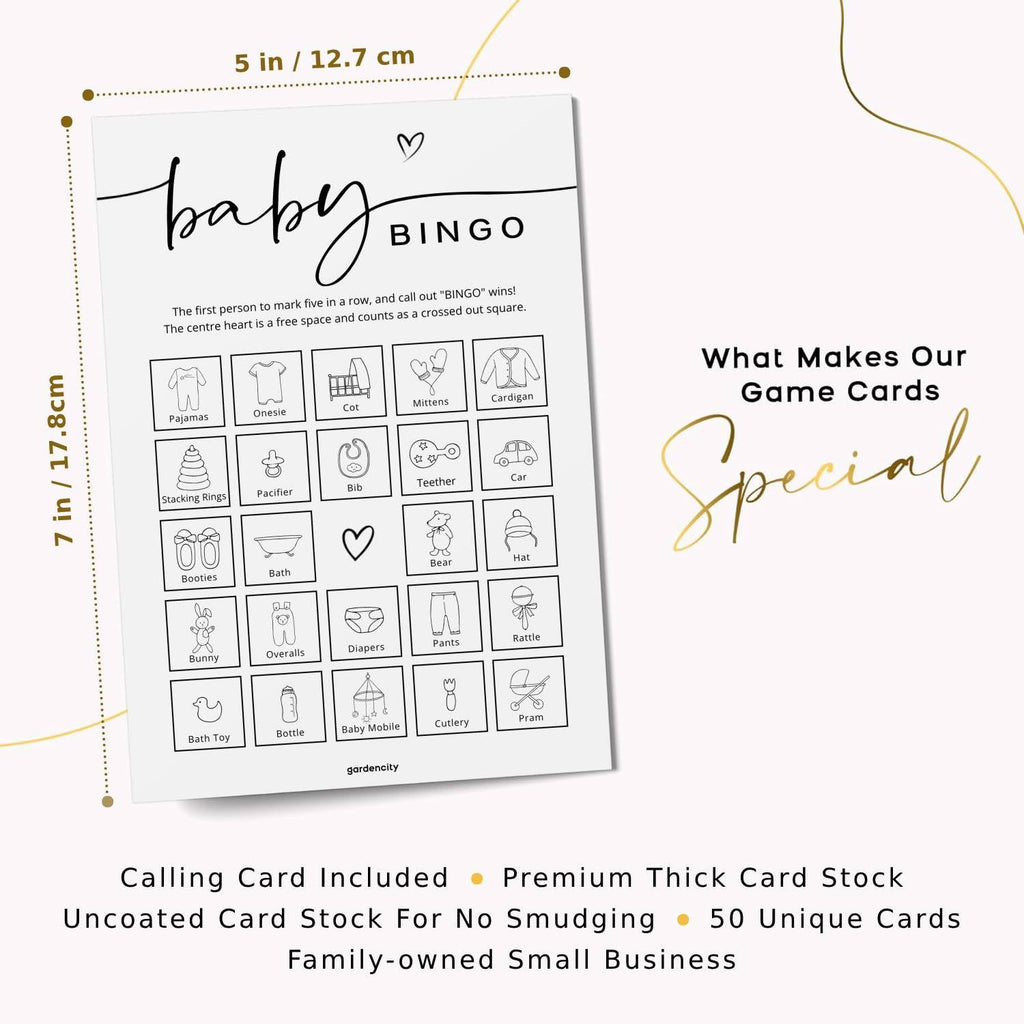 GardenCity Baby Shower Bingo – 50 Unique Pre-Filled Cards, Pink Minimalist Design, Two Ways to Play
