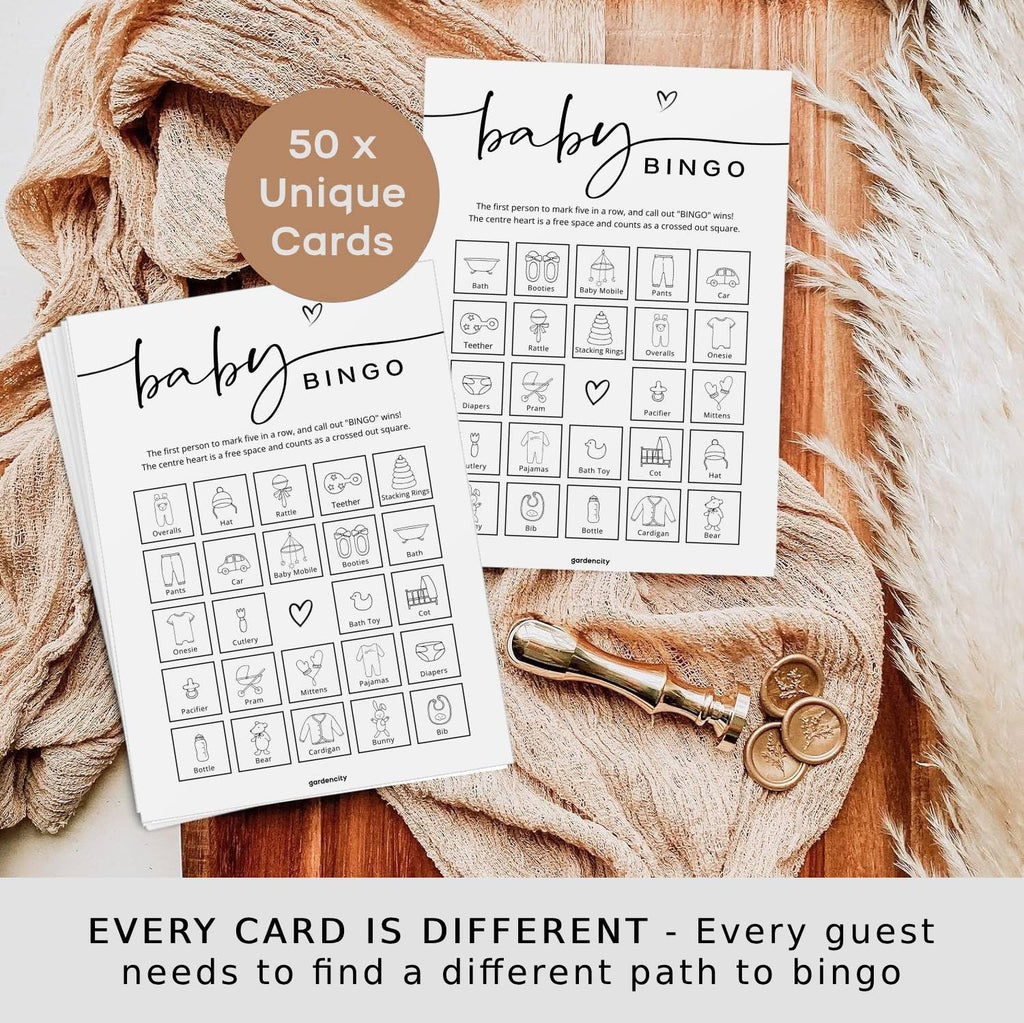 GardenCity Baby Shower Bingo – 50 Unique Pre-Filled Cards, Pink Minimalist Design, Two Ways to Play