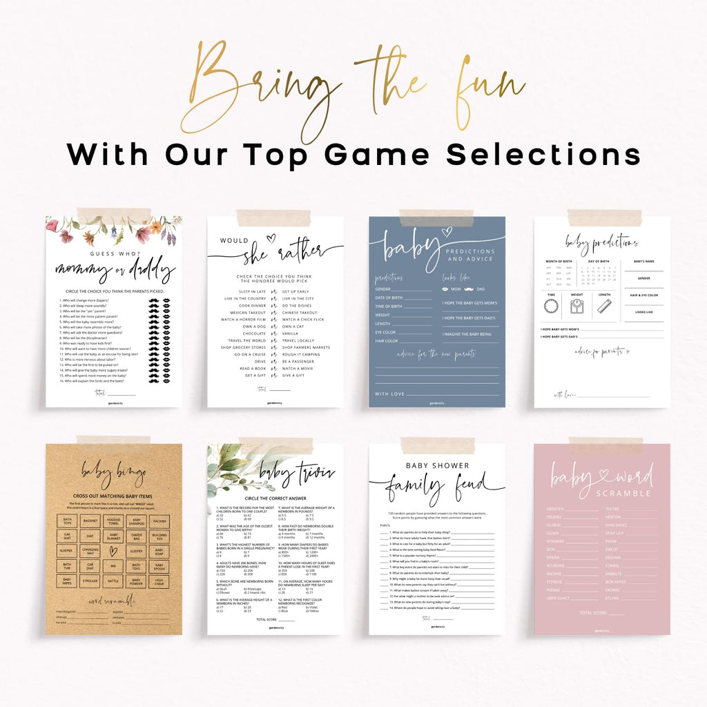 GardenCity Baby Shower Bingo – 50 Unique Pre-Filled Cards, Pink Minimalist Design, Two Ways to Play