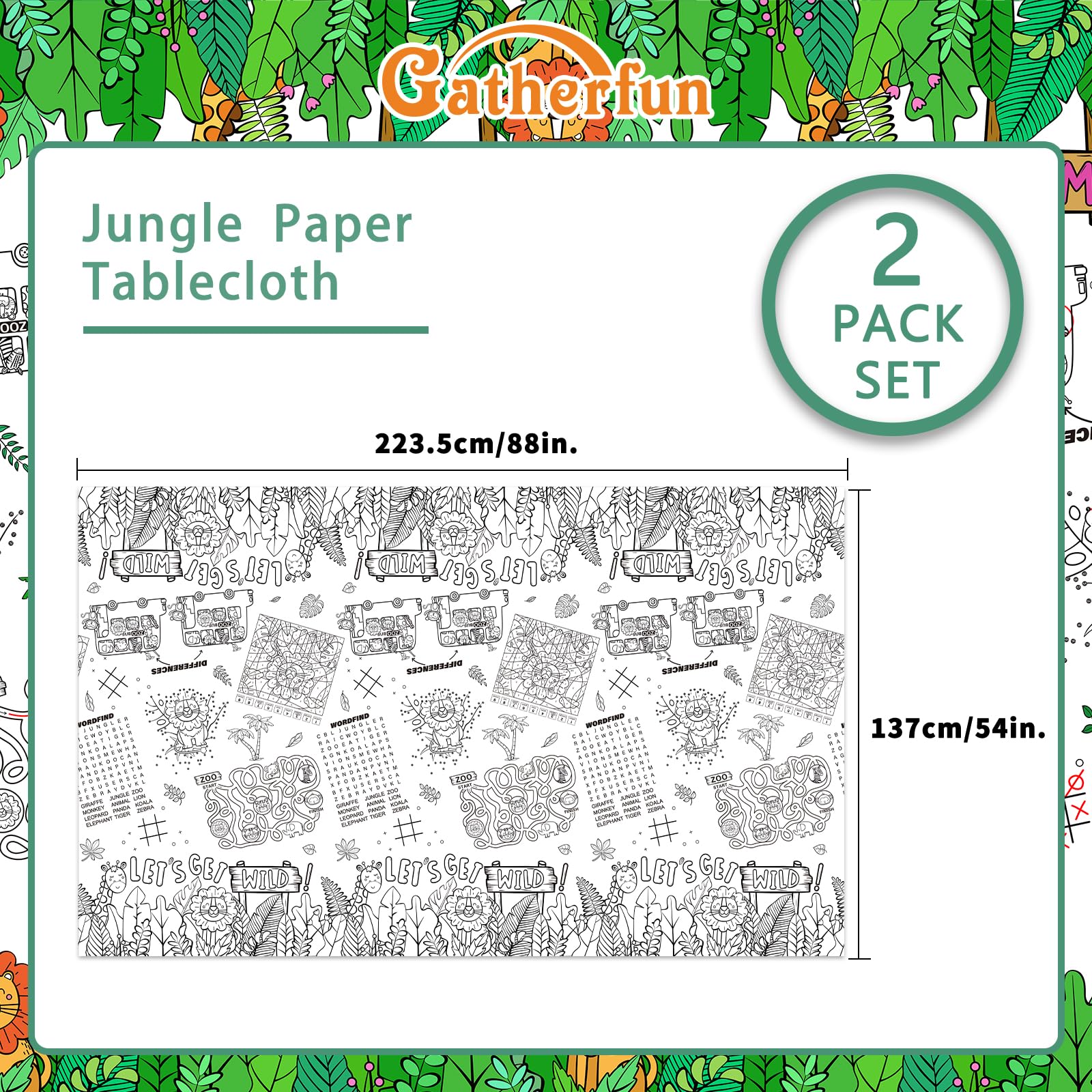 Gatherfun 2-Pack Safari Jungle Coloring Tablecloth – Interactive Activity Paper Table Cover for Kids